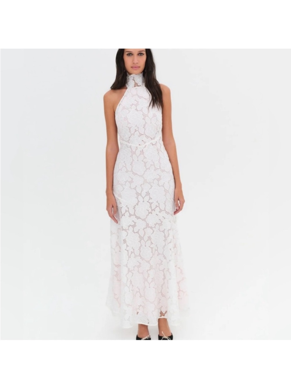 For Love & Lemons White High-Neck Lace Maxi Dress